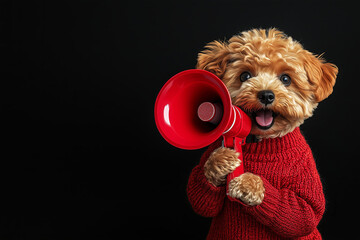  cubby red dog wearing a red sweater and holding a red megaphone against a solid black color background, suitable for black friday advertising or banner design.