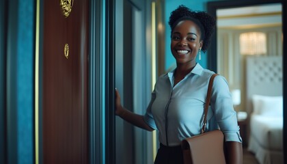 Luxurious Hotel Manager Welcoming Young Black Woman Into Hotel Room For A Travel Experience With Ample Copy Space.