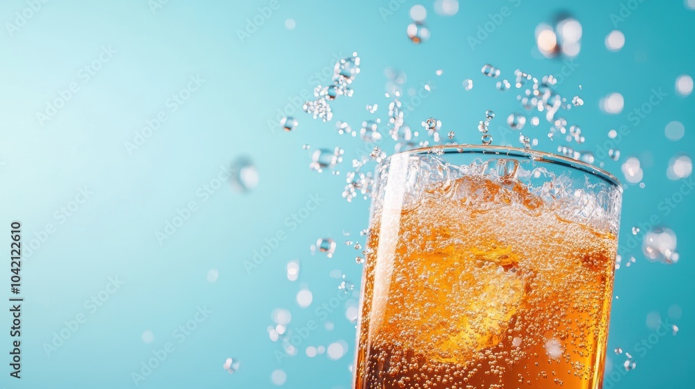 Poster a glass filled with a fizzy beverage with bubbles rising to the surface, creating a sparkling and re