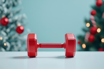 Two red dumbbells on a white table, a minimalistic aesthetic, Christmas tree background, product photography