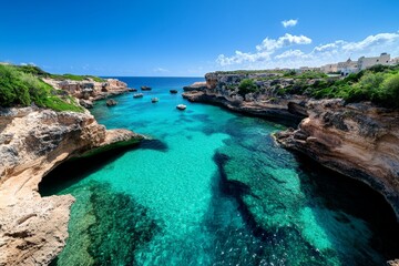 Fototapeta premium Watercolor depiction of the Maltese coastline near Popeye Village, with vibrant yet delicate shades of blue and green