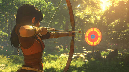 Woman Archer Aiming at Target in Forest