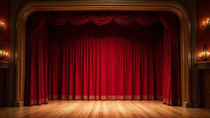A grand classical stage with deep red velvet curtains, golden trim, and polished wood floors softly illuminated by chandeliers.