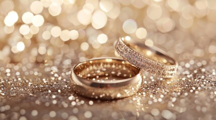 Two gold wedding rings are placed on a shiny surface