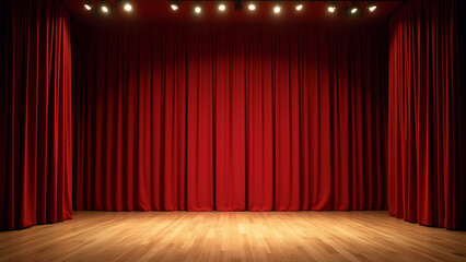 A grand classical stage with high ceilings, luxurious red curtains, and polished wooden floors illuminated by warm overhead light.