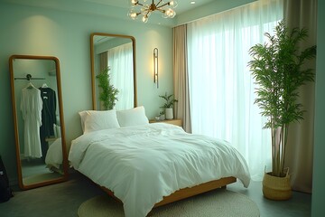 Fototapeta premium Elegant bedroom with large mirror and greenery in soft natural light