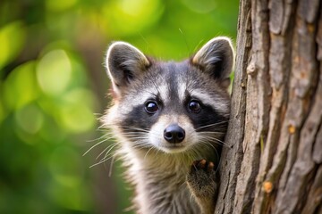 Curious raccoon peeking out from tree