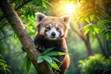 Curious red panda climbing tree in lush green forest with sunlight streaming through leaves