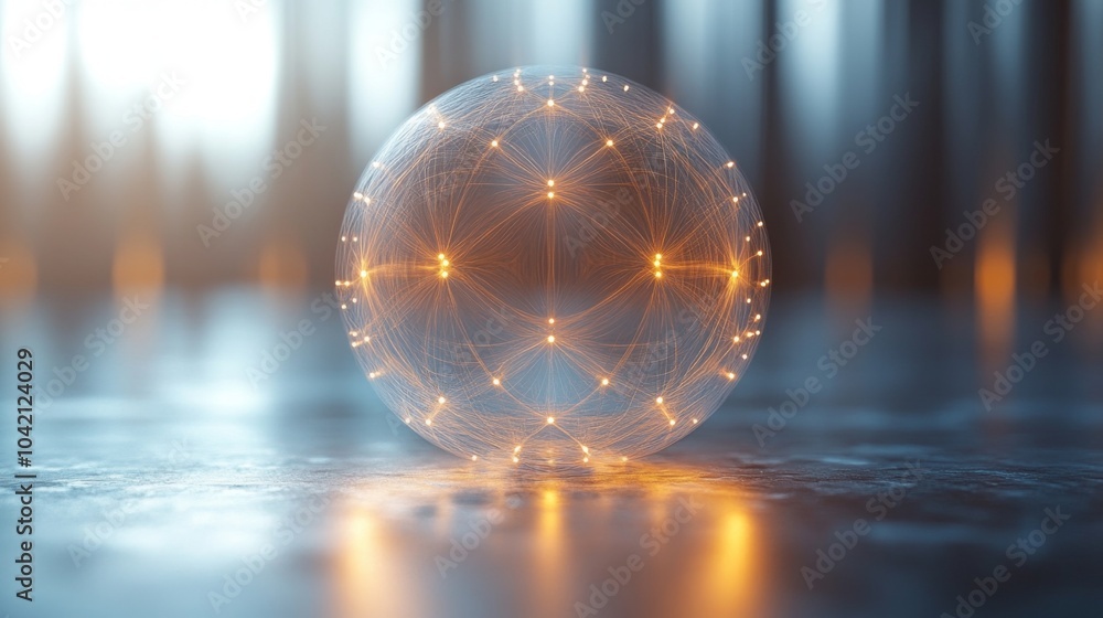 Poster A luminous orb sits centered on a smooth reflective surface, surrounded by abstract patterns and warm glowing lights, creating an enchanting atmosphere during early morning hours.