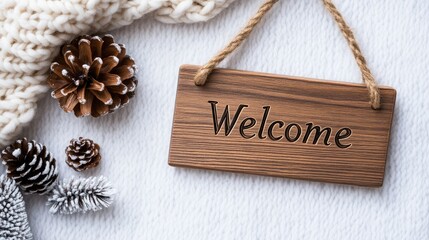 Naklejka premium A wooden sign saying welcome rests beside an open knitted blanket and scattered pine cones on soft, white fabric
