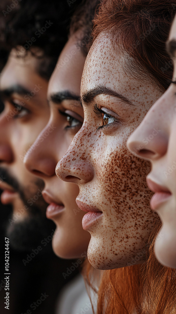 Wall mural Multi-ethnic diversity and beauty. Group of different ethnicity against a background.
