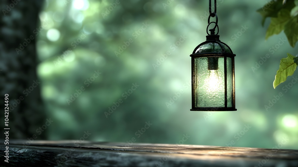 Poster enchanted lantern in mystical forest - soft glow illuminates shadows creating a magical atmosphere f