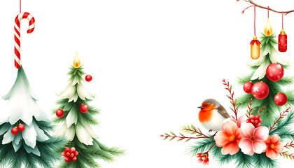 Naklejka premium Watercolor Christmas trees illustration with candy cane, baubles , winter flowers and robin with a white accent, png