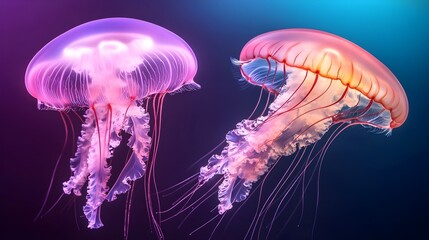 Enigmatic Dance of Glowing Jellyfish in the Dark Abyss - Surreal Deep Sea Aquatic Scene Illuminated by Bioluminescence