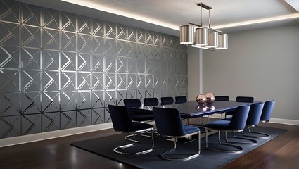 Fototapeta premium Elegant dining room with floral wallpaper and stylish modern lighting