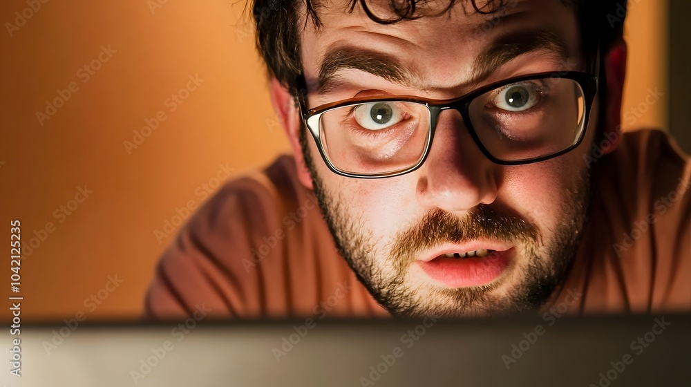 Poster close-up of a man in glasses looking surprised at a computer screen.