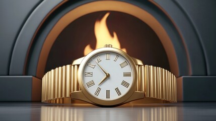 Naklejka premium A luxurious gold watch with Roman numerals rests on a table, framed by a fiery archway, blending elegance with a cinematic backdrop