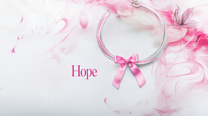 Modern bracelet with a pink ribbon charm and Hope surrounded by soft abstract swirls and subtle textures, emphasizing elegance and symbolic meaning. Breast Cancer Awareness Month