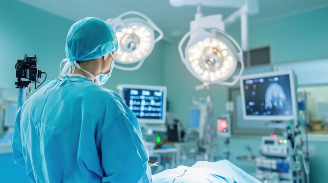 A surgeon performing a laparoscopic surgery with a camera and surgical tools in an operating room, with monitors and surgical lights visible, Precision style