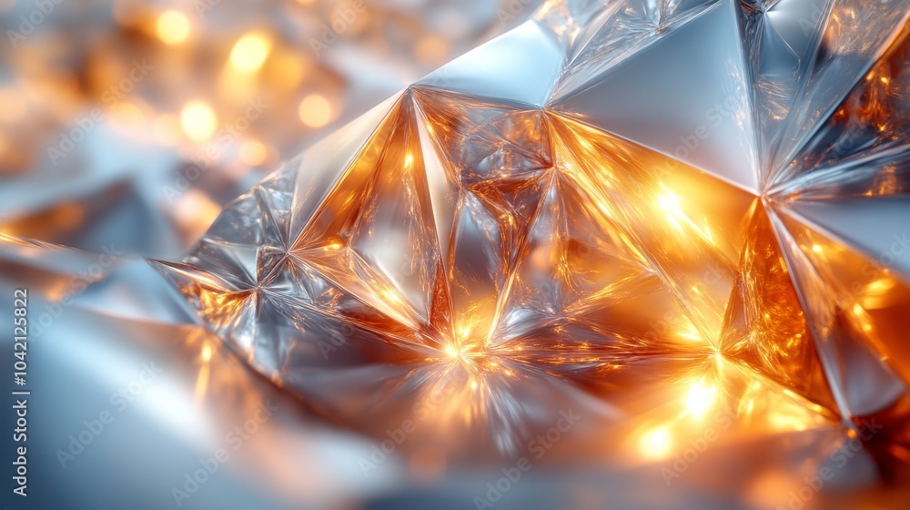 Fototapete Complex geometric shapes reflect soft light, combining silver and orange hues in an abstract display. The interplay of colors creates a mesmerizing visual effect.