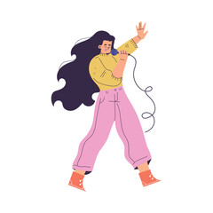 Woman Character Singing with Microphone Enjoy Karaoke Vector Illustration