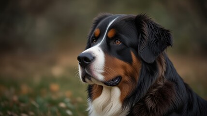 A Bernese Mountain Dog with a serious expression looks directly at the camera.