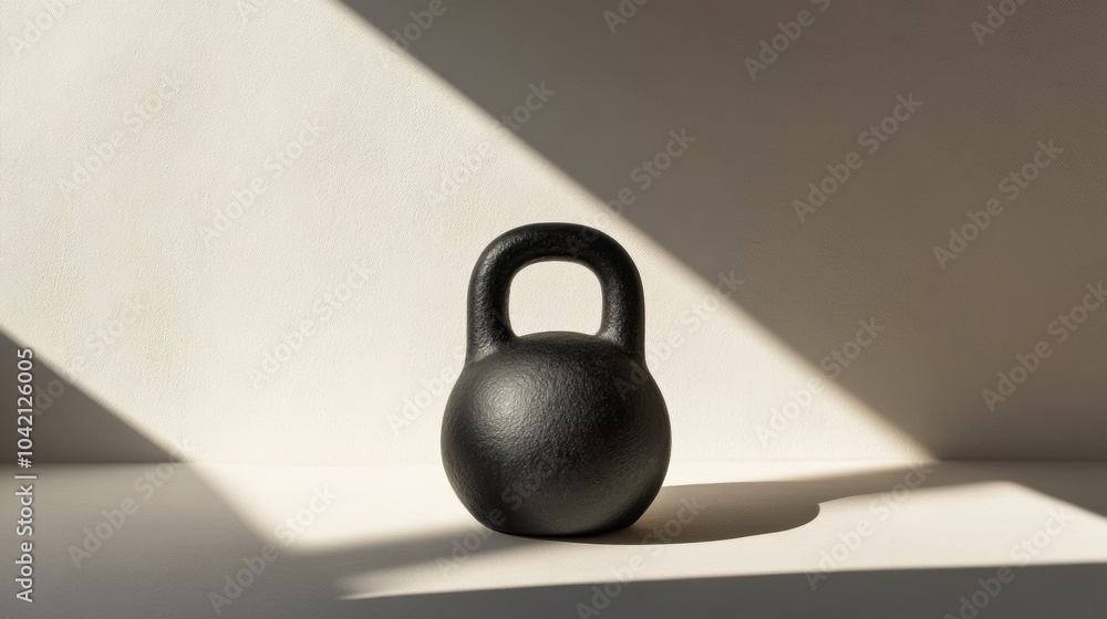 Poster a black kettlebell rests on a light surface, with soft shadows highlighting its shape, perfect for h