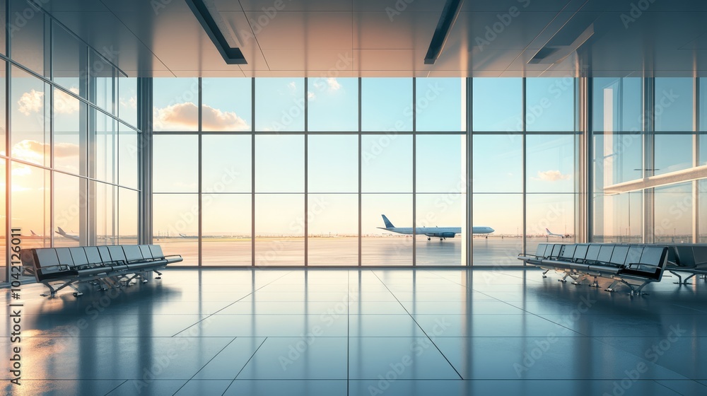 Poster empty airport terminal with airplanes taxiing outside at sunset. the sun is setting outside the larg