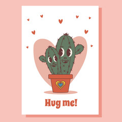 Cactus love couple in retro groovy style. Greeting card, postcard, cover, poster, invitation.
