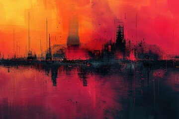 Naklejka premium A painting of a city skyline with a red and orange background