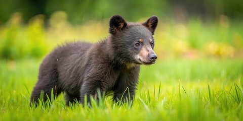 cute black bear cub walking through grass with forced perspective