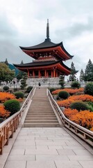 Fototapeta premium Experience tranquility at a breathtaking Japanese temple entrance at sunset, surrounded by lush greenery and iconic architecture
