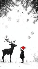Reindeer silhouette in retro-line art, child in Santa hat, mischievous vibe, delicate snowflakes, wintry minimalism, white canvas, inked elegance