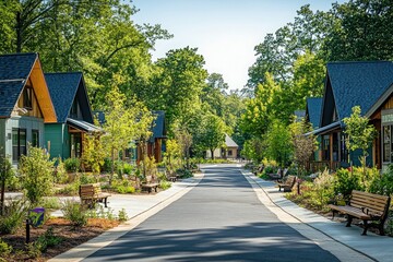 Fototapeta premium A peaceful, car-free street in a green urban area, lined with benches, native plants, and eco-friendly homes surrounded by trees and community gardens.