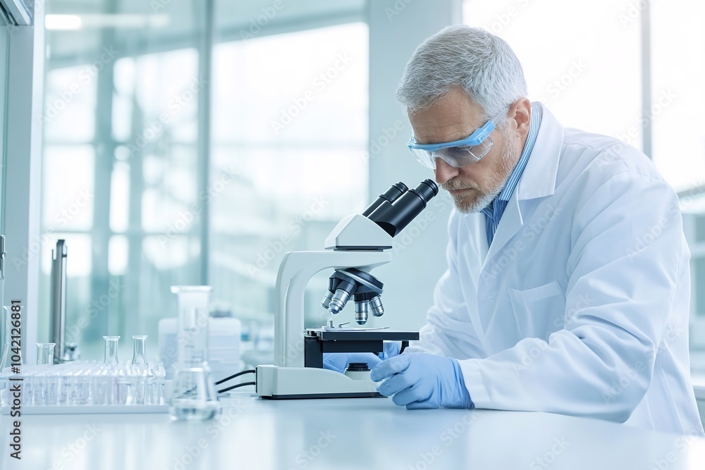 Poster scientist in lab coat using microscope in laboratory