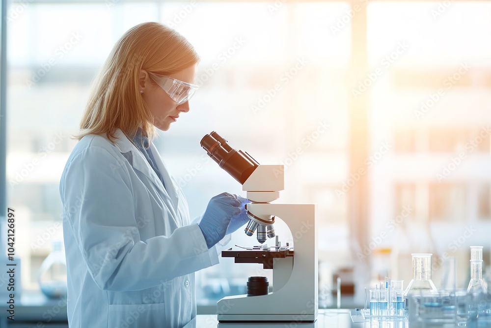 Poster focused scientist examining sample under microscope in lab
