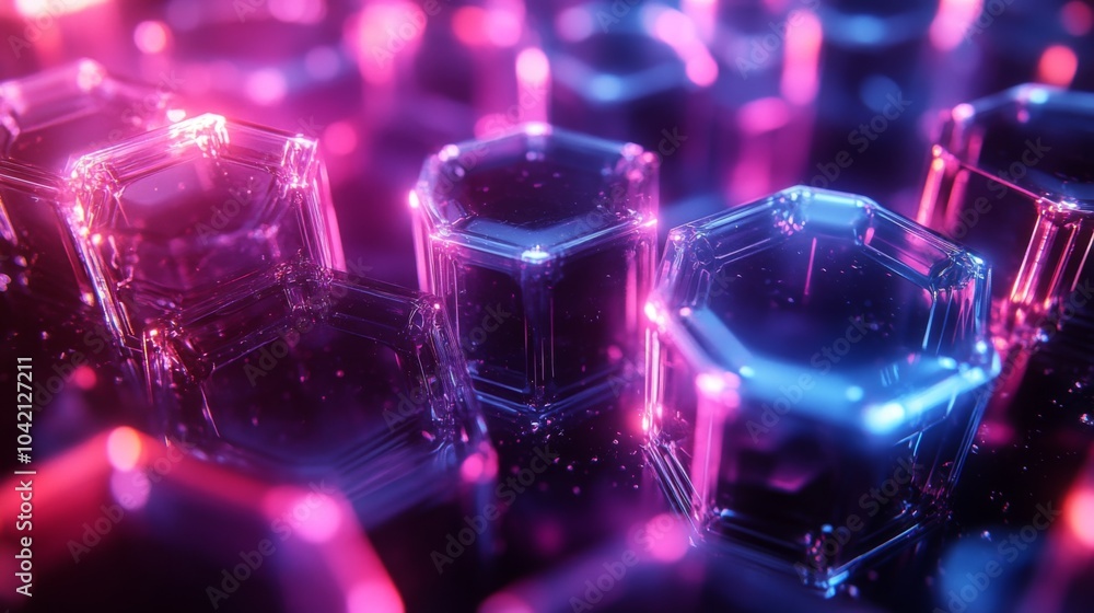 Poster hexagonal crystals are illuminated in bright purple and blue hues, creating a captivating abstract d