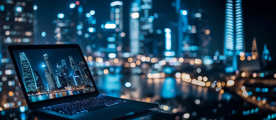 Futuristic technology concept with laptop overlooking city nightscape for modern business design