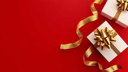 Elegant holiday celebration with white gift boxes and golden ribbons on vibrant red background