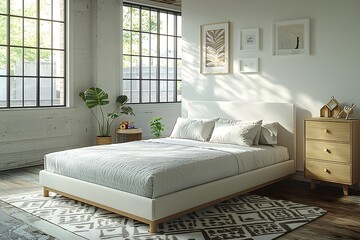 Minimalist bedroom with modern decor and natural light in a cozy urban setting