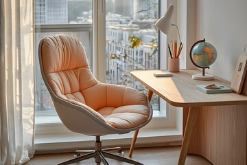 Cozy workspace with comfy chair and wooden desk in bright home office