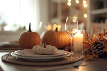 A cozy autumn dining setup featuring pumpkins, elegant tableware, and warm candlelight, perfect for seasonal gatherings.