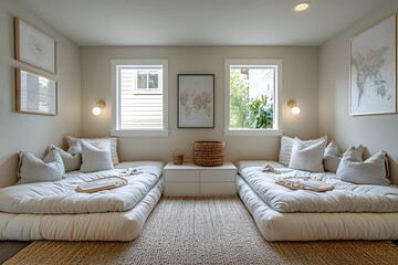 Cozy double guest room with cushioned beds and minimalist earthy decor
