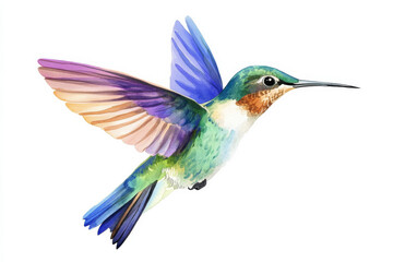 Naklejka premium A lively watercolor depiction of a hummingbird hovering gracefully, with radiant feathers in shades of emerald, violet, and sky blue. The tropical bird elegance is captured perfectly in this