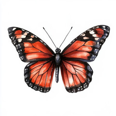 Fototapeta premium A regal monarch butterfly with dark crimson and black wings, hand-painted in watercolor. The isolated butterfly illustration is perfect for Halloween-inspired art or seasonal decor.