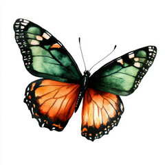 Fototapeta premium A monarch butterfly with vivid orange and deep green wings, accented with black, hand-painted in watercolor. This isolated illustration on a white background brings a fresh take on Halloween designs.