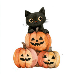 A playful watercolor set showcasing a black cat peeking out from behind a stack of pumpkins, with a funny expression. The isolated hand-drawn illustrations on a white background create a whimsical