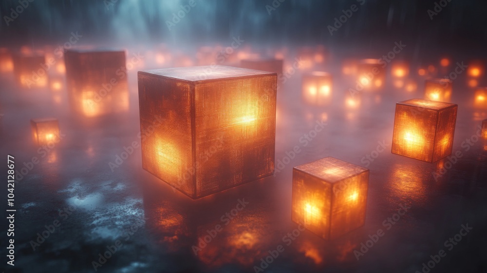 Poster glowing cubes of various sizes illuminate the foggy surroundings, creating an enchanting, mystical s