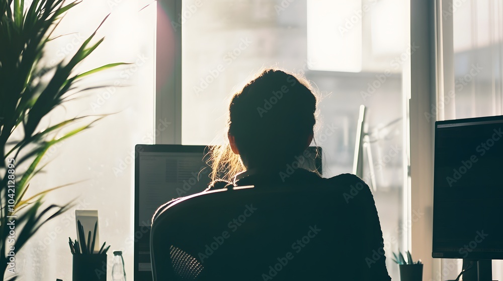 Poster silhouette of a woman working at a computer in front of a window.