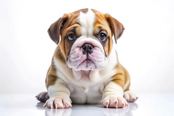 Fototapeta premium Cute English Bulldog puppy on a white background with selective focus